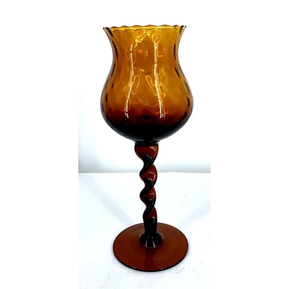 Empoli Candleholder Art Glass Optic Ribbed Twisted Stem Amber Italy 11.75" Tall - Picture 4 of 9